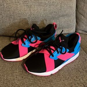Kids Pumas, size 3, black, pink, & blue